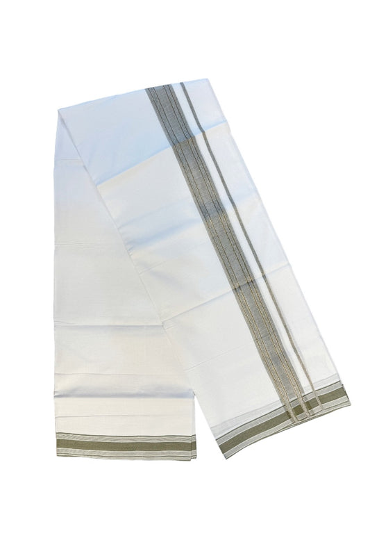 19% DISCOUNT!!! KaithariKada Balaramapuram 100% Cotton  PURE white Double Mundu/Dhoti-100x100   2.5 Inch Silver stripes dark sage green shaded Kara  - 1KK83VIN