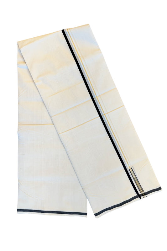 32% DISCOUNT!! KaithariKada HANDLOOM Unakkupaav Balaramapuram - 100% PURE Cotton OFF White (Unbleached) Double Mundu/Dothi - Black & kasavu puliyilakkara Chutty - 1KK86RAM