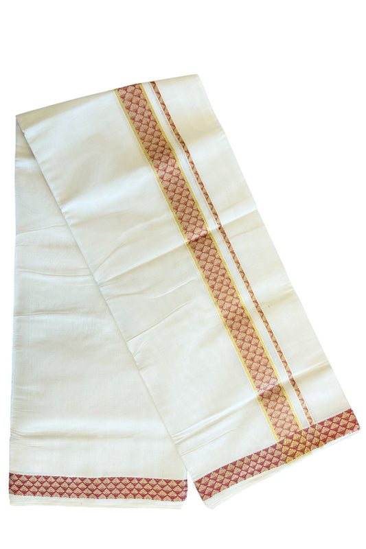 18 % DISCOUNT ! KaithariKada HANDLOOM Unakkupaav Balaramapuram - 100% PURE Cotton 4.44 Meter Off White (Unbleached) Double Mundu/Dhoti - Brick Red Flower & KASAVU DESIGN 2.5 Inch  KARA- ABH19