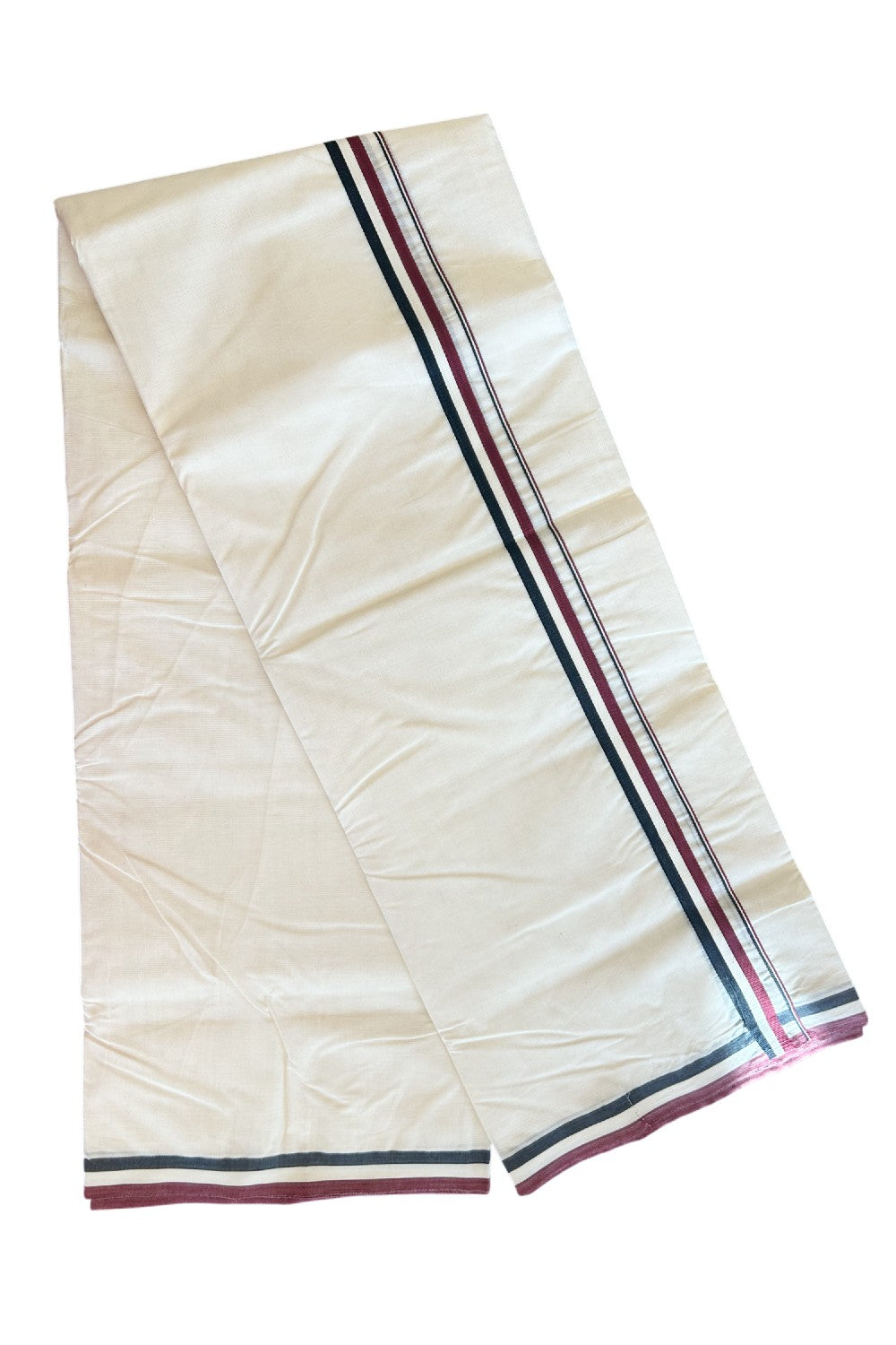 ADMK VESHTI - 23% DISCOUNT! KaithariKada 100% Cotton off white Double - (Unbleached) Mundu/Dhoti - 100X100 - 1 inch Black White & Maroon kara - 1KK5076ASH