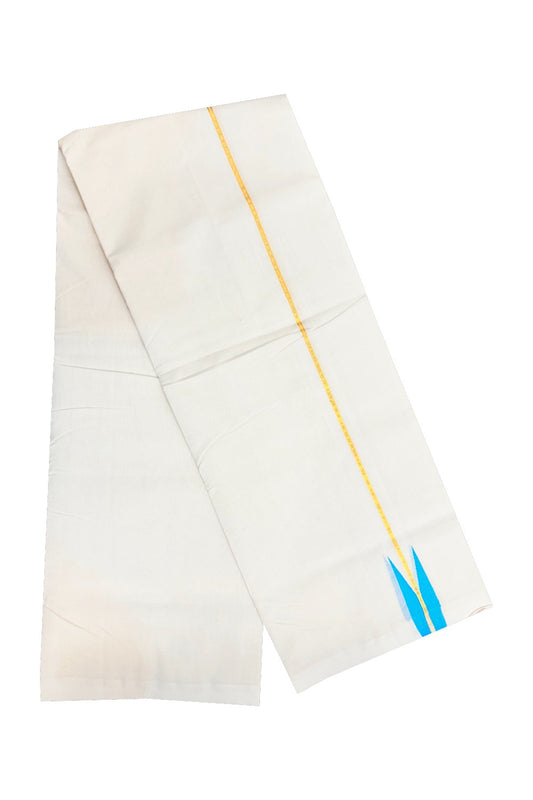 30% DISCOUNT! KaithariKada BALARAMAPURAM HANDLOOM Millpaav- 100% PURE Cotton 100x100 Double Mundu/Dhoti OFF WHITE (Unbleached) - PULIYILAKKARA Gold  Kasavu & Sky Blue 3.cm Chutty KARA-1RAM24.