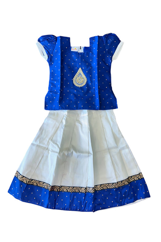 Midukki-Traditional South Indian Kids Pattu Pavada- Blue top offwhite skirt with leaf border design- Age 3 - KK3MID001