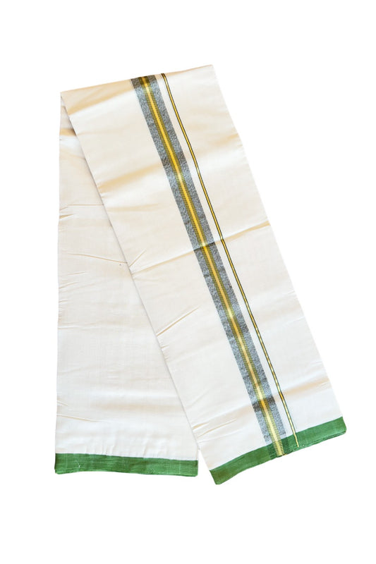 30% DISCOUNT!! KaithariKada HANDLOOM Unakkupaavu Balaramapuram - 100% PURE Cotton Off White (Unbleached) Double Mundu/Dhoti - 0.5 inch GREEN Kasavu Stripes & Grey Shaded Border-KK46SOM-1.