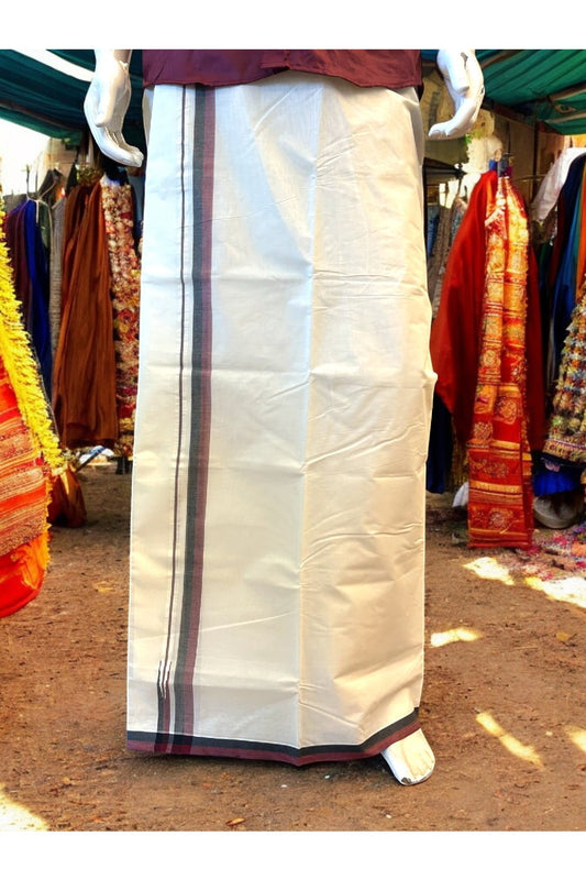 DMK Veshti - 22% Discount !! KaithariKada Balaramapuram Double Off white - (Unbleached) Mundu/Dhoti - 100X100 - 1 inch Puliyilakkara Maroon & Black Chutty Kara - 10KK5074ASH