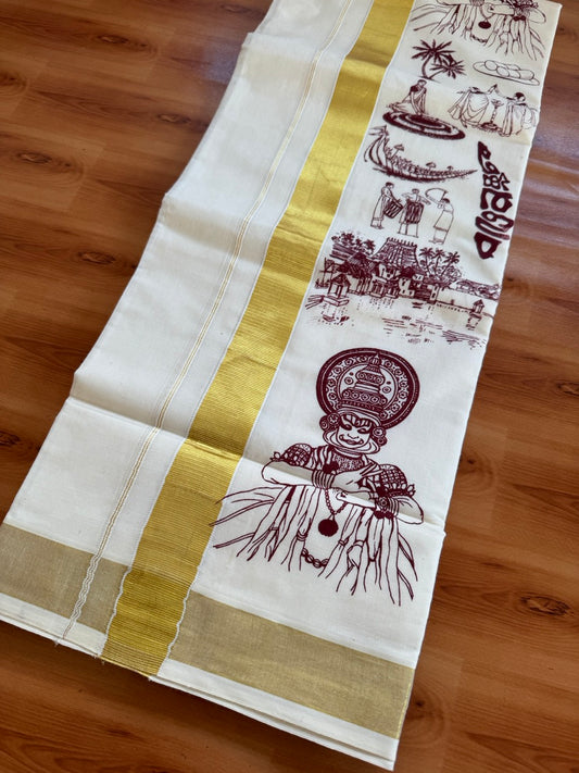 Double Off White - Onam Festival Print - (Unbleached) Mundu/Dhoti- 20% Discount!! KaithariKada Kerala Mixed Cotton 60s - 1.5 inch Gold Kasav with Maroon Printed Design Kara - 1 KK5474 GAN