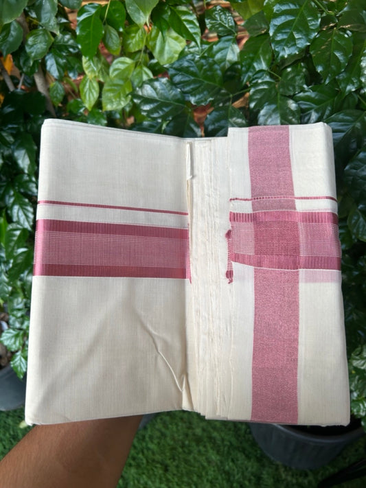25% Discount ! KaithariKada Handloom Millpaav Balaramapuram - 100% Pure Cotton Off White (Unbleached) Double Mundu/Dothi -80x90 - 2 inch Rose Pink Kasav Striped kara 4 mtr (8.5 muzham) - 94 KK5256 RAM