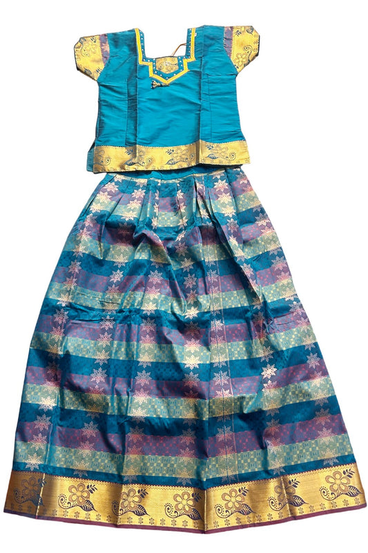 Midukki-Traditional South Indian Kids Pattu Pavada- Green top green skirt with emboss work- Age 17&18 - KK17&18MID001