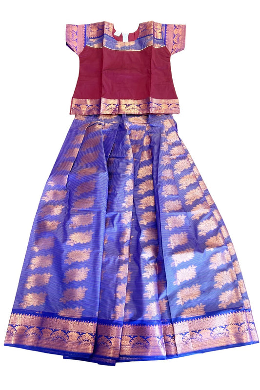 Midukki-Traditional South Indian Kids Pattu Pavada- Maroon top Violet+copper skirt- Age 15&16 - KK15&16MID001
