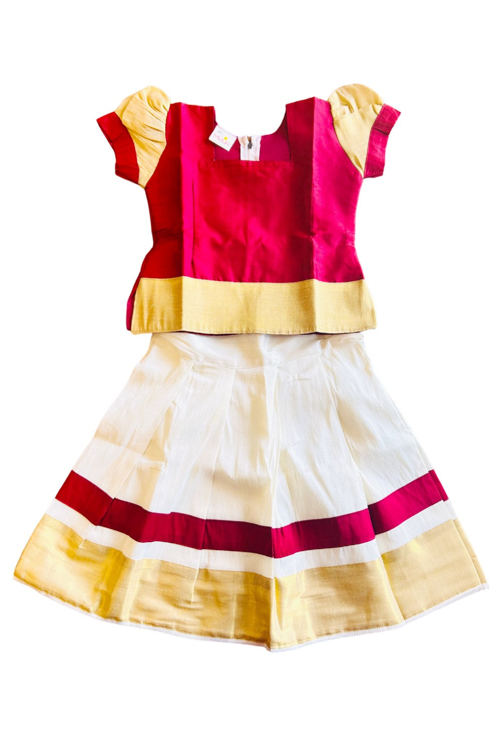Midukki-Traditional South Indian Kids Pattu Pavada-Red Top offwhite skirt with kasavu- Age 2 - KK2MID001