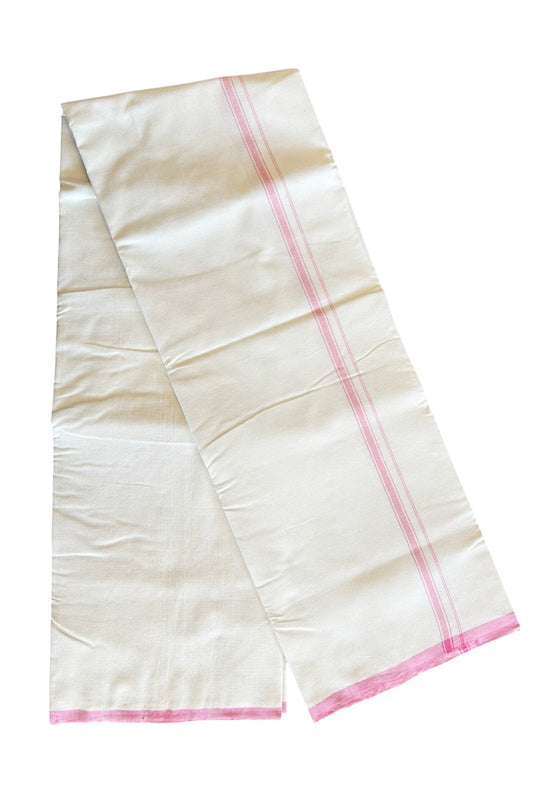 30% Discount!! SIGNATURE KAITHARIKADA EXCLUSIVE SINGLE DHOTI - 100% Cotton Balaramapuram HANDLOOM Single Mundu/Dhoti - Off White - (Unbleached) 0.75inch Pink Striped Kara (2 metre / 4 muzham) - 1KK5026KAI