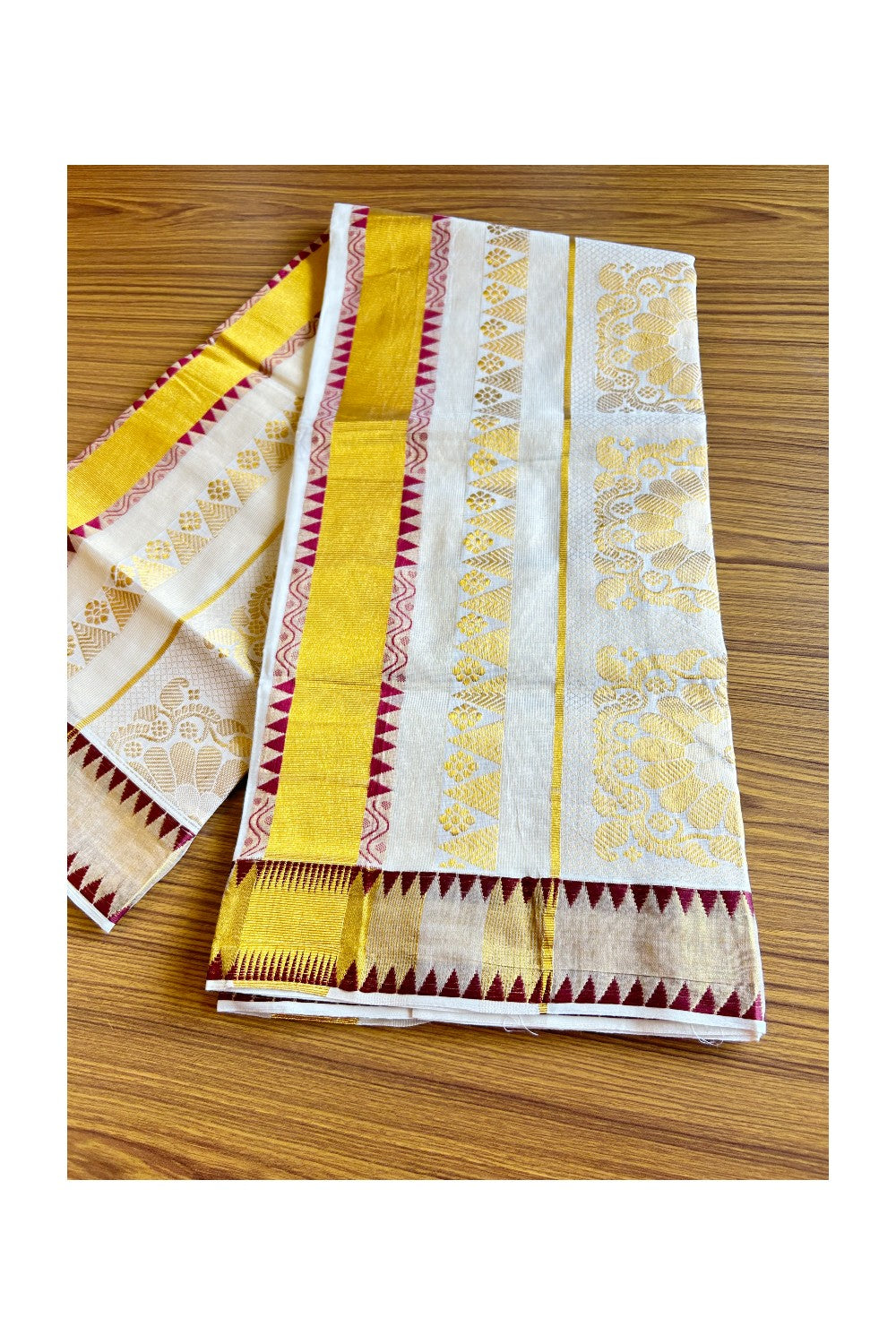 28% Discount!!! Kaitharikada Kerala Saree - Cotton Kasavu 24 Inch Pallu Maroon Temple Heavy Work Saree With Flower Design -1KK1001NEW