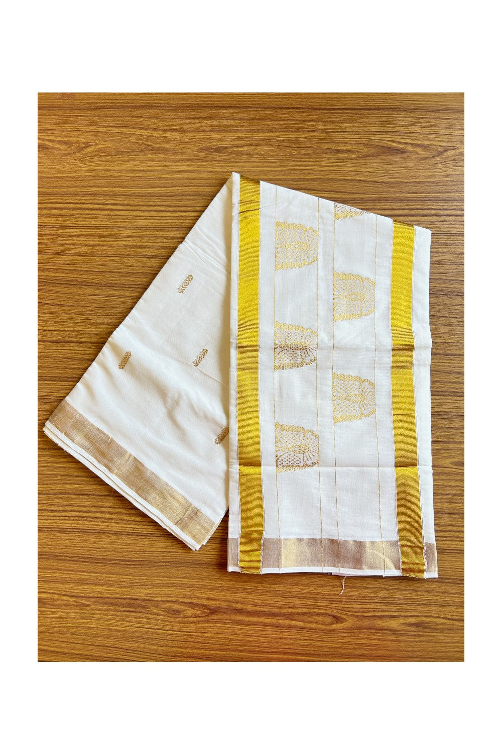 25% Discount! Kaitharikada Kerala Cotton Saree Off white - 12 inch Kasavu Saree with Butterfly Pattern putta Design - 1KK1003HAR