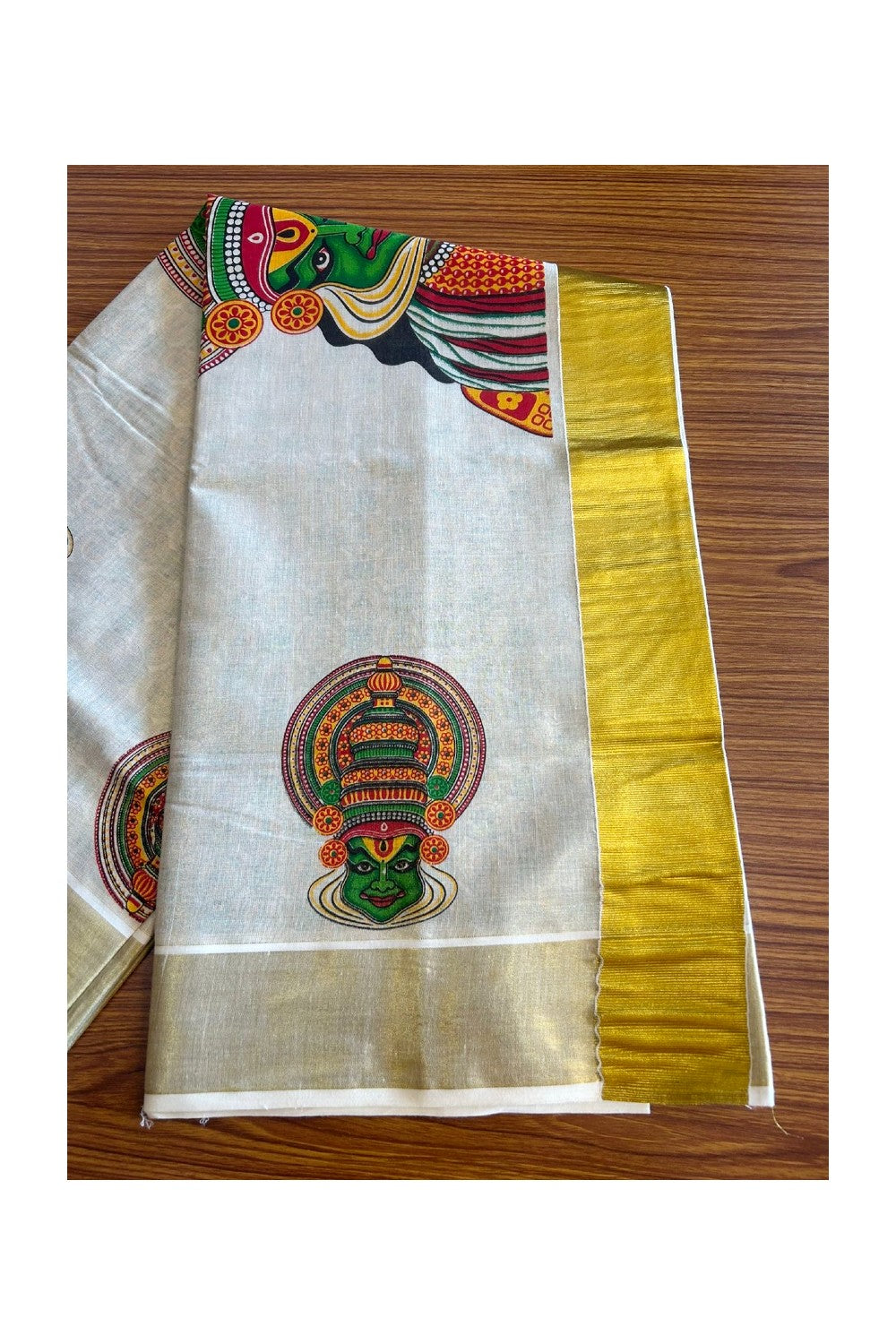 10% Discount!! Kaitharikada Kerala Saree - Kasavu Tissue - Kasavu Zari & Kathakali Mural Prints in Gold- 1KK1008VIN