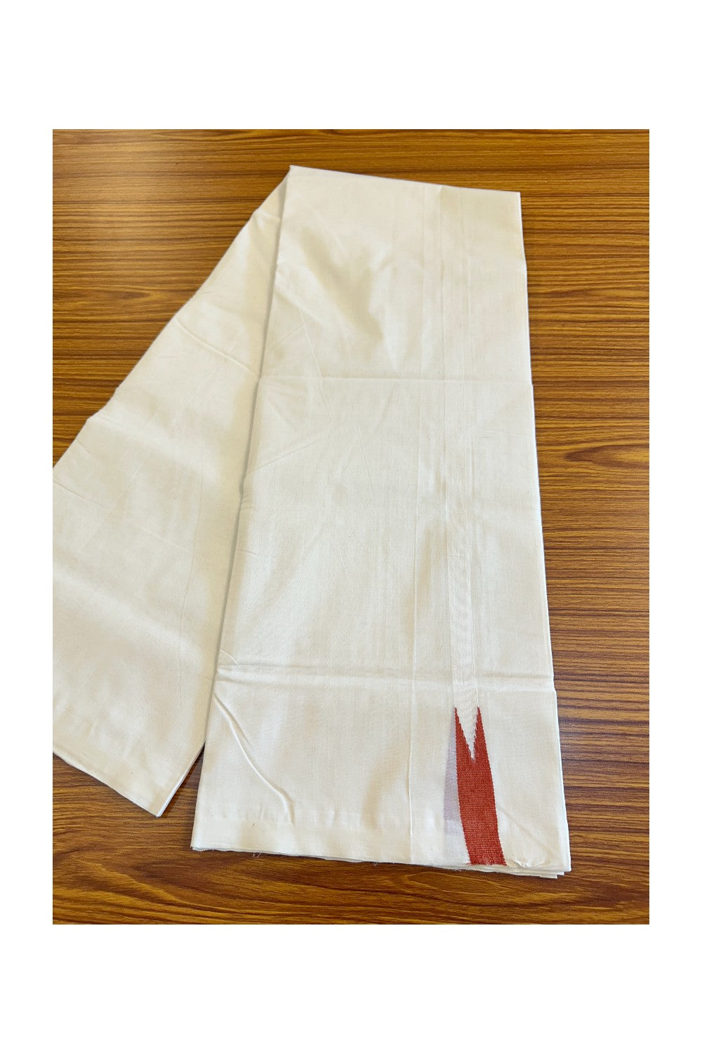 30% DISCOUNT!! KaithariKada HANDLOOM Unakkupaav Balaramapuram - 100% PURE Cotton OFF White (Unbleached) Double Mundu/Dothi -0.75inch  White kara Dark Brick Red puliyilakkara Chutty - 1KK420RAM