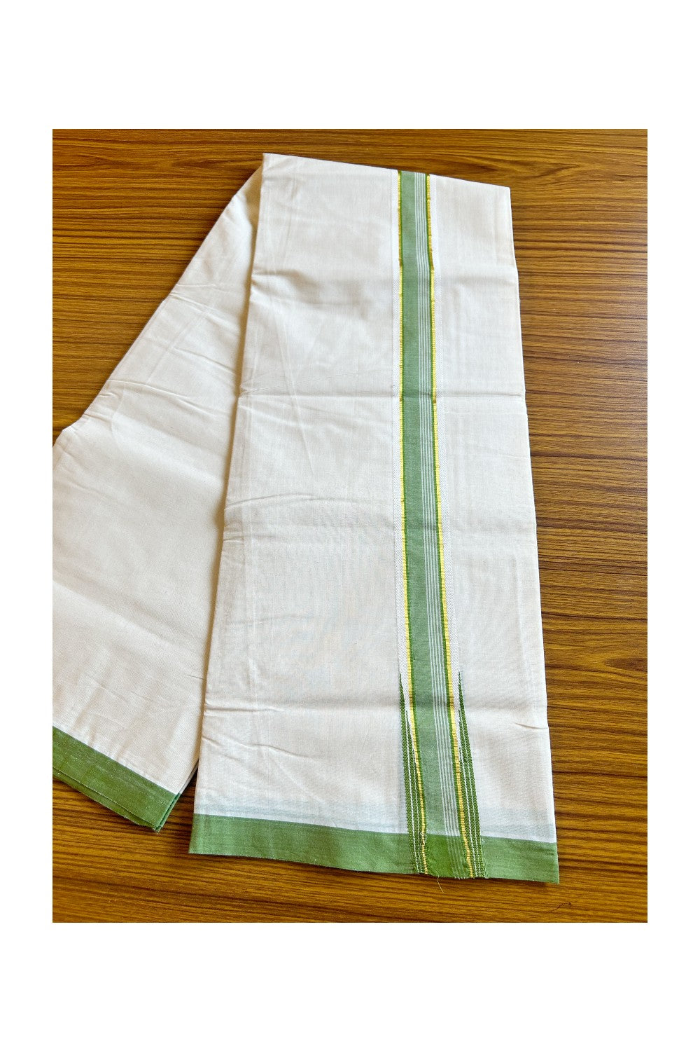 24% DISCOUNT ! KaithariKada 100% Cotton OFF WHITE (Unbleached) Double Dhoti/Mundu- 2inch Puliyilakkara GREEN & Kasavu Wings Chutty - 11KK414ASH