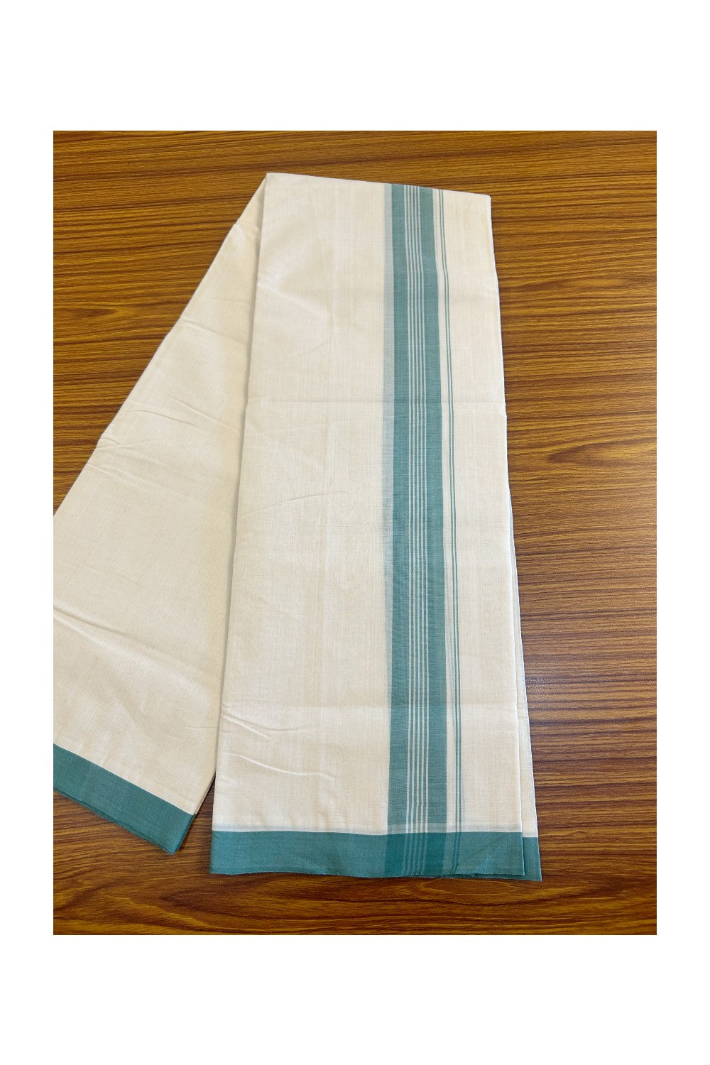 30% DISCOUNT!! KaithariKada HANDLOOM Millpaav Balaramapuram - 100% PURE Cotton OFF White (Unbleached) Double Mundu/Dothi - 2 inch GREEN & white striped kara 3.70 meters (8 Muzham) - 1KK453RAM