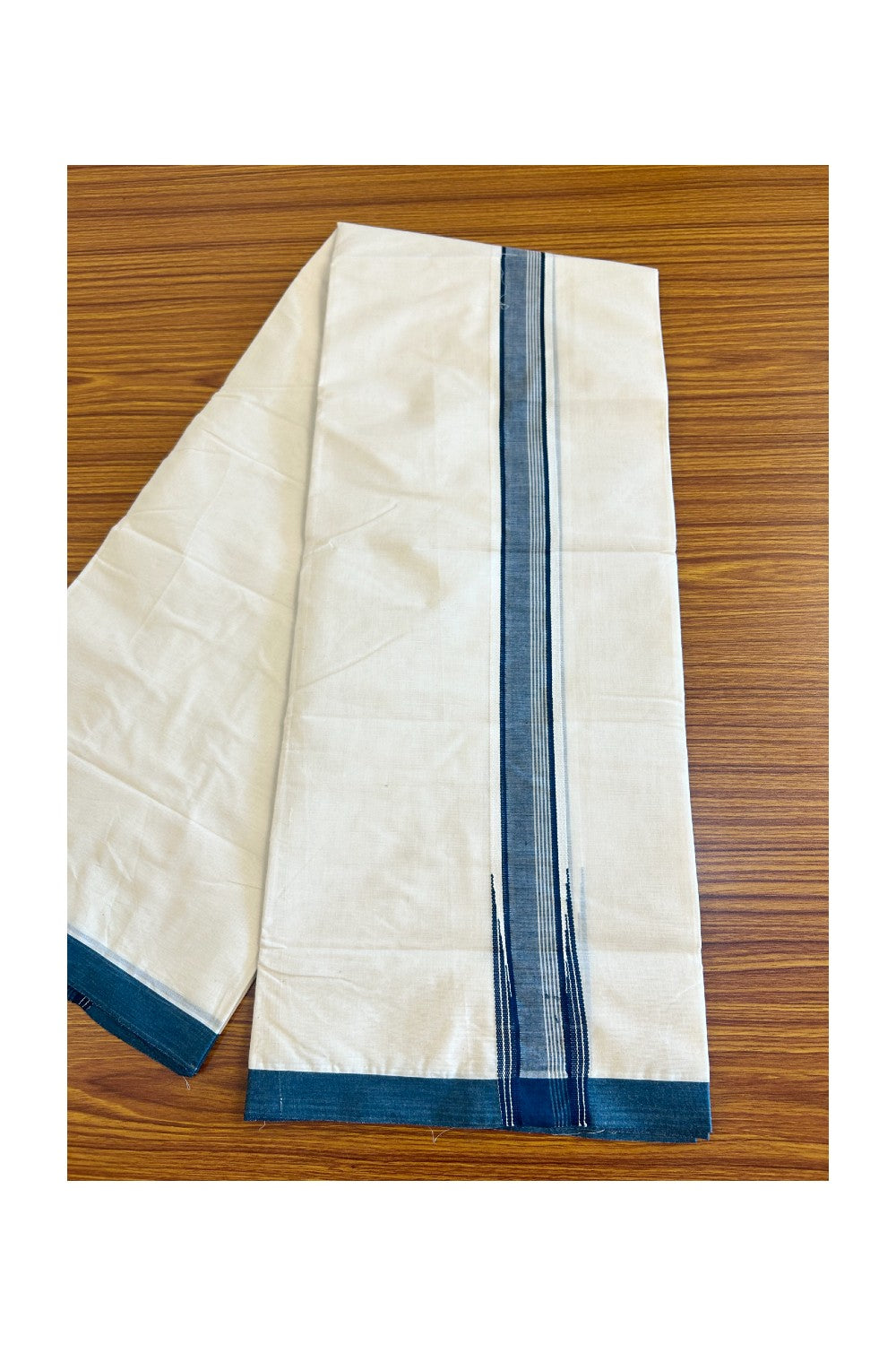 20% DISCOUNT ! KaithariKada 100% Cotton OFF WHITE (Unbleached) Double Dhoti/Mundu- Puliyilakkara Peacock Green Wings Chutty- Above 4 meter  Big Size Dhothi  - 5KK455ASH
