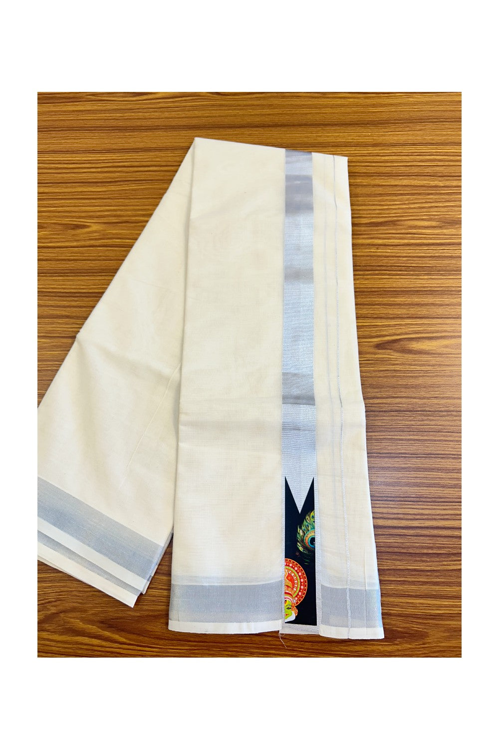 KaithariKada Balaramapuram  Off white (Unbleached) Double Mundu/Dhoti- 80x72- 2 inch Hand Painted Silver Kasavu Kadhakali & Peacock feather Design 3.96m- 1KK457VIN