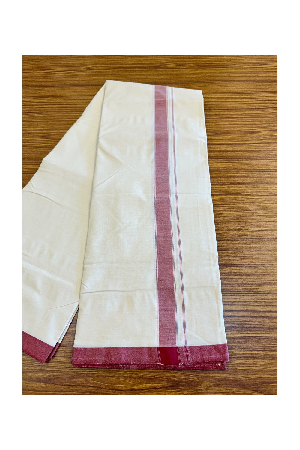 120X120 PREMIUM Kaitharikada Exclusive - 25% DISCOUNT! BALARAMAPURAM HANDLOOM Unakkupaavu - 100% PURE Cotton Double Mundu/Dhoti OFF WHITE (Unbleached)- 1.75inch Red Striped Kara - 1KK477KAL