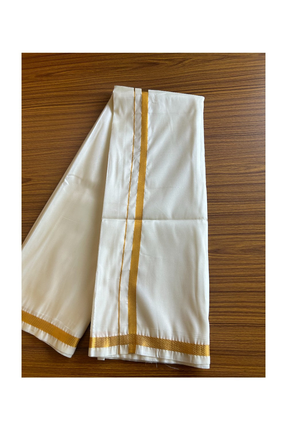 KaithariKada Balaramapuram 100% Art Silk OFF WHITE Double Mundu/Dhoti & Neriyath - 1.25inch Gold Kasavu kara - 1KK5015KAN