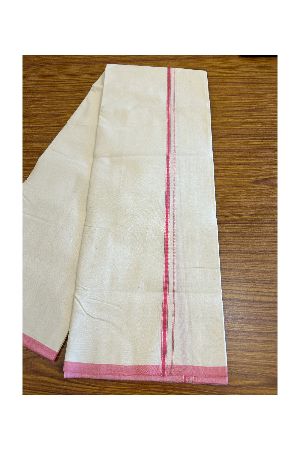 30% Discount!! SIGNATURE KAITHARIKADA EXCLUSIVE SINGLE DHOTI - 100% Cotton Balaramapuram HANDLOOM Single Mundu/Dhoti - Off White - (Unbleached) 2cm Pink & Silver KASAVU Kara (2 metre / 4 muzham)- 1KK5021KAI