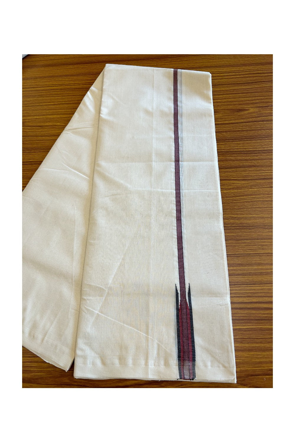30% DISCOUNT!! KaithariKada HANDLOOM Millpaav Balaramapuram - 100% PURE Cotton OFF White Double - (Unbleached) Mundu/Dothi -  1.25 inch Puliyilakkara Maroon & Black Chutty kara - 1KK5029RAM.