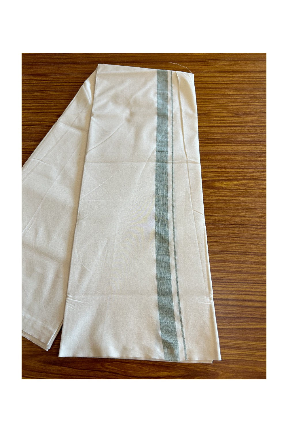 13% DISCOUNT ! KaithariKada Balaramapuram 100% COTTON SINGLE OFF WHITE - (Unbleached) Mundu/Dhoti-Twisted 100s Thread- 1.5 inch Shaded Green Kara (2 meter / 4 muzham) - 1KK5036ASH