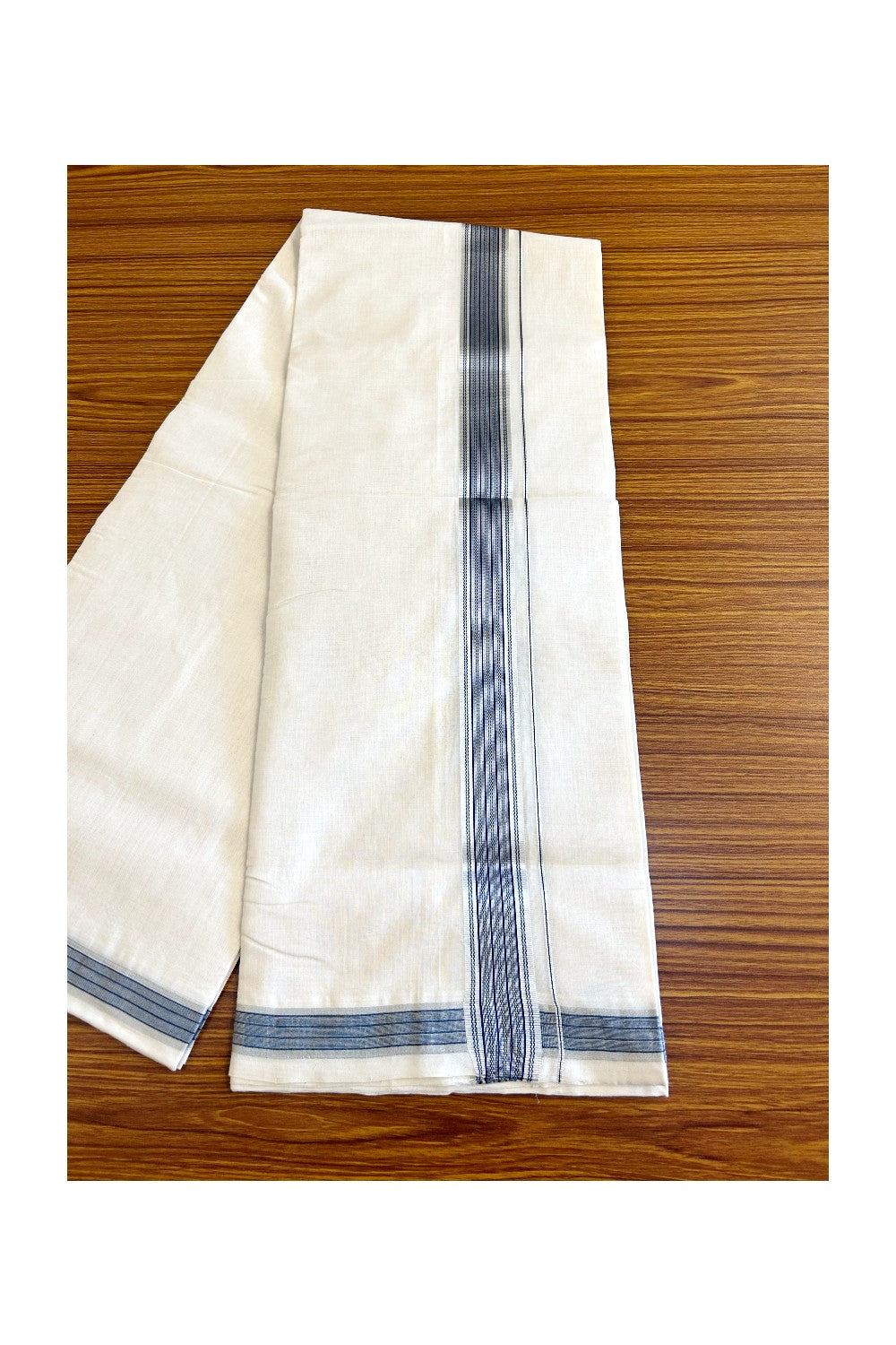 25% DISCOUNT!! KaithariKada HANDLOOM Unakkupaav Balaramapuram - 100% PURE Cotton OFF White - (Unbleached) Double Mundu/Dothi - 2 inch Peacock Blue & Silver striped pattern kara - 1KK503RAM