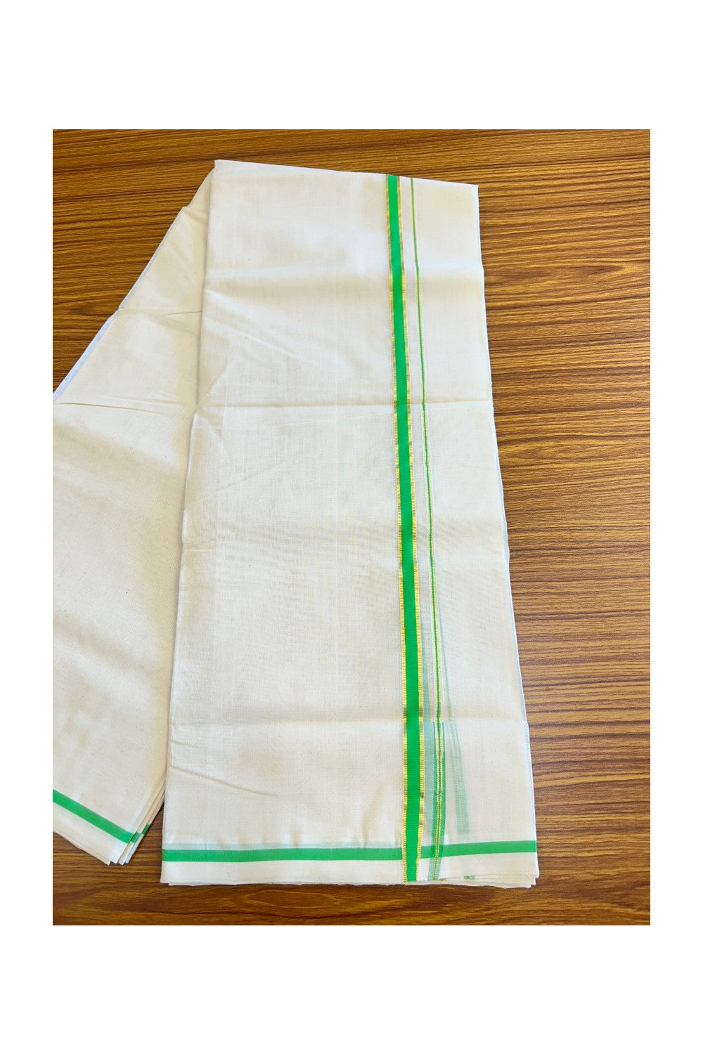 6% DISCOUNT! KaithariKada HANDLOOM Millpaav Balaramapuram - 100% PURE Cotton off white (Unbleached) Double Mundu/Dhoti -  1.cm Chutty Puliyilakkara Fluorescent Green & Kasav-129