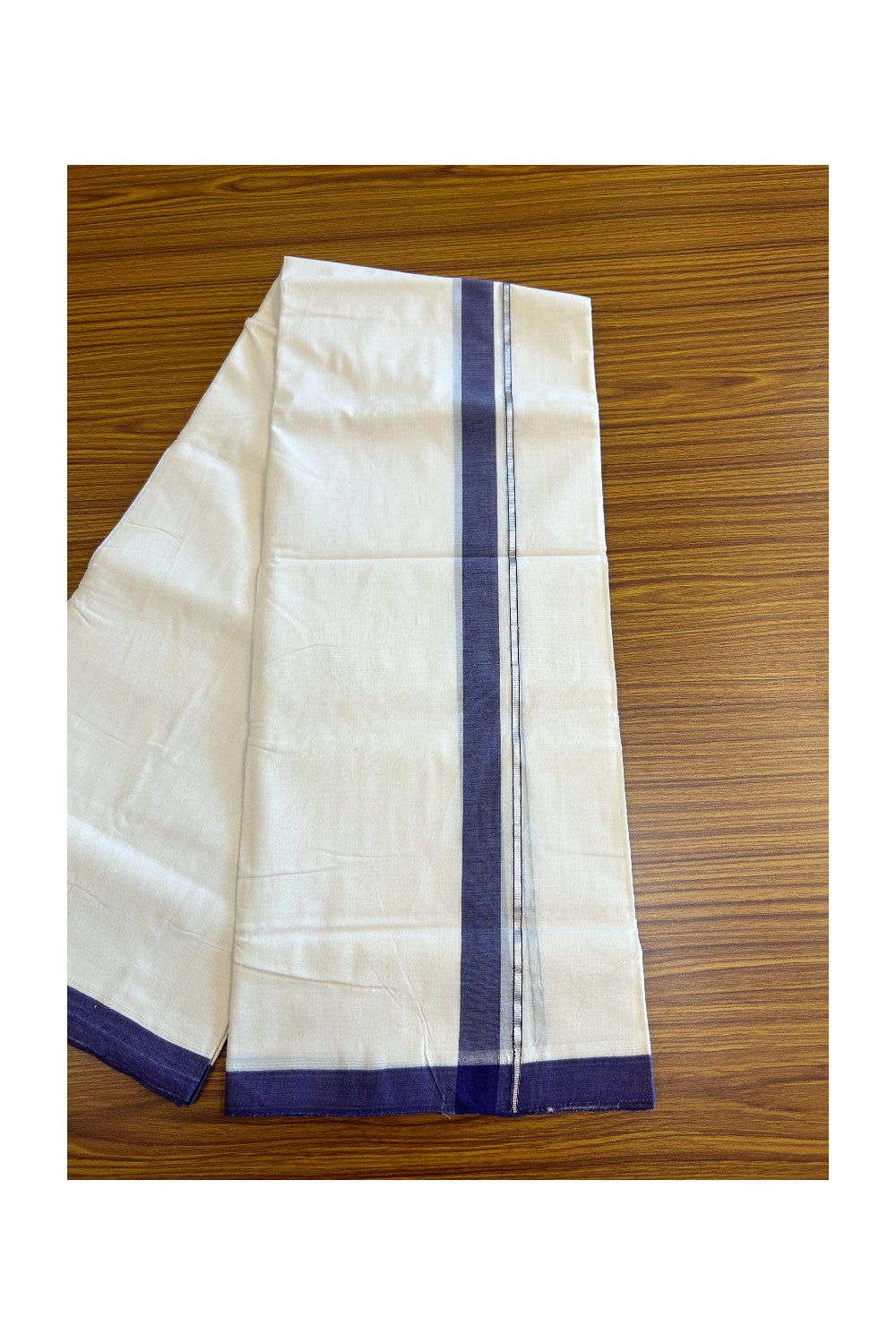 25% DISCOUNT! KaithariKada BALARAMAPURAM HANDLOOM UNAKKUPAAV - 100% PURE Cotton off white (Unbleached) Double Mundu/Dhoti -  1.5inch Silver Kasavu & Blue Violet Kara-55