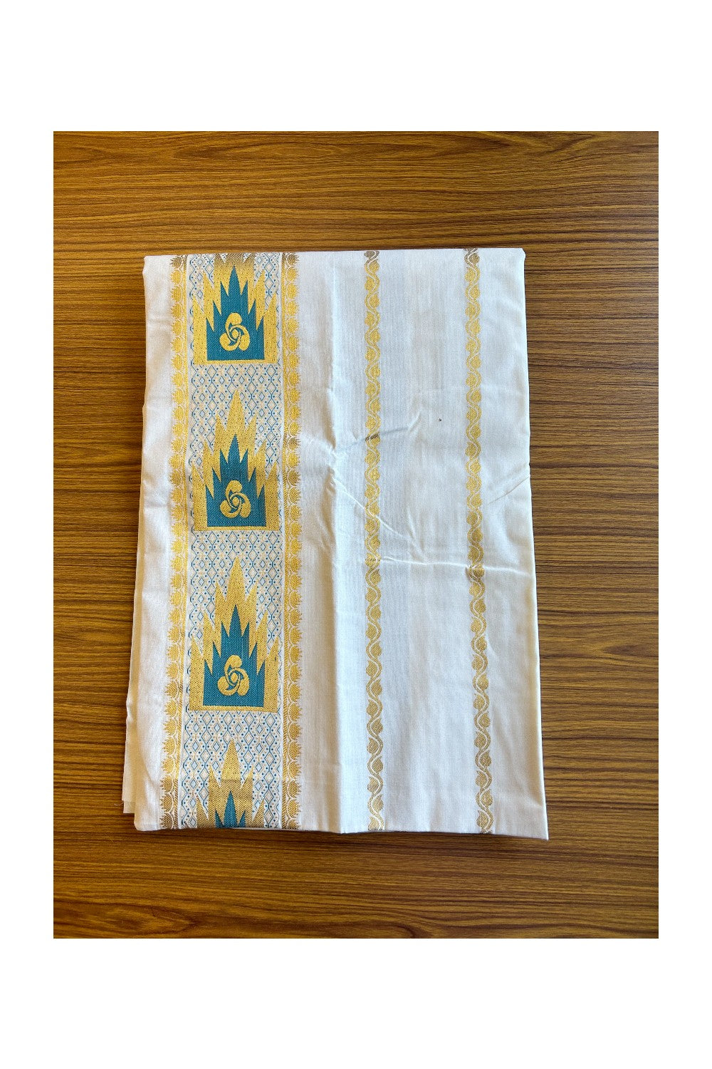 20% Discount ! Kaitharikada Traditional Kerala Style - Churidar Suit Material - Pure Cotton With Peacock Blue Temple Design - 1KK505VIN