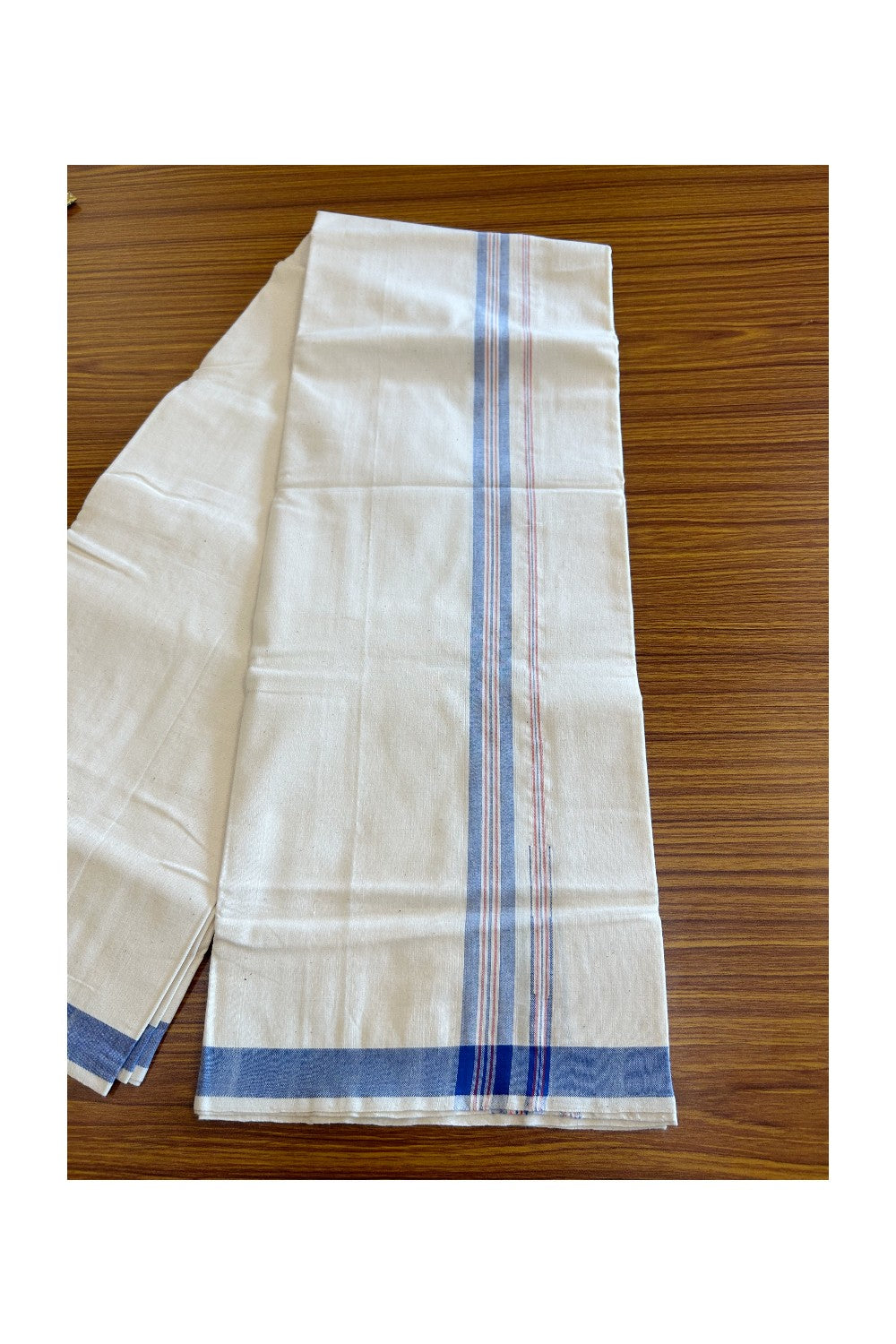 30% Discount ! KaithariKada 100% Cotton Balaramapuram HANDLOOM Single Mundu/Dhoti - Off White (Unbleached) 1.Inch (2 meter / 4 muzham) Blue & Red Stripes Kasavu Puliyilakkara Chutty- KAIR04.