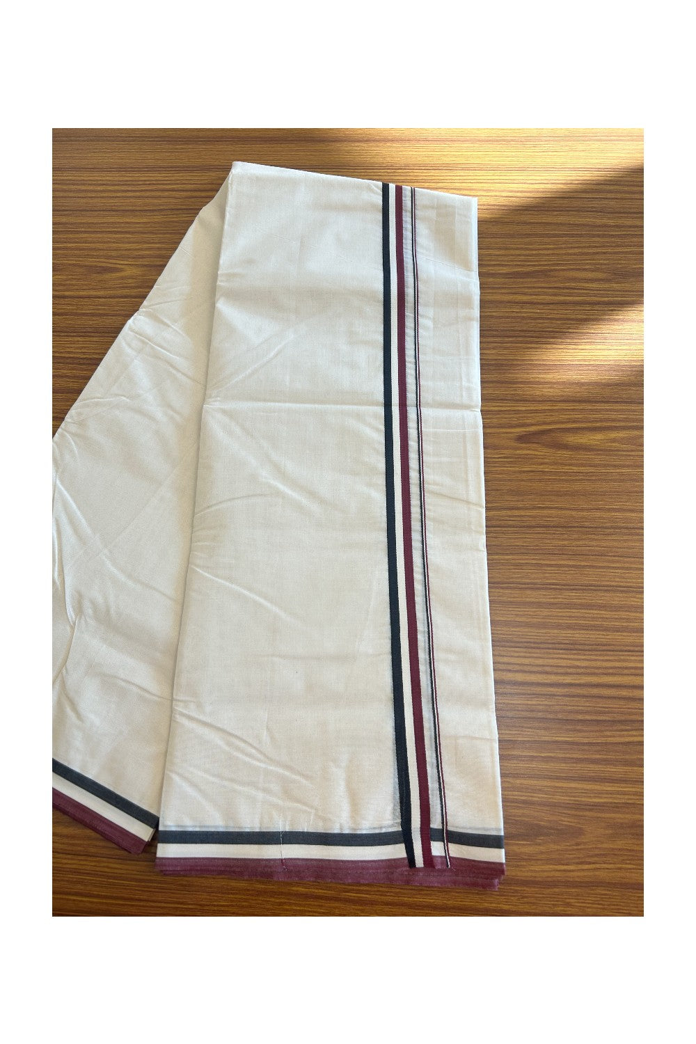 ADMK VESHTI - 23% DISCOUNT! KaithariKada 100% Cotton off white Double - (Unbleached) Mundu/Dhoti - 100X100 - 1 inch Black White & Maroon kara - 1KK5076ASH