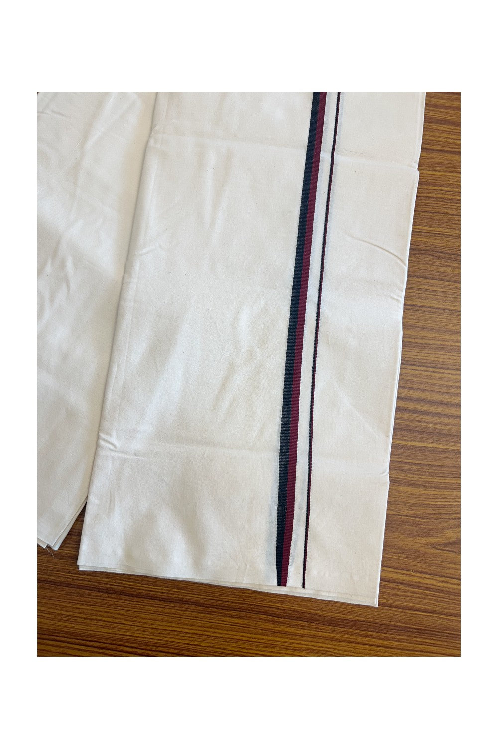 DMK Veshti - 18% DISCOUNT ! KaithariKada Balaramapuram 100% COTTON SINGLE OFF WHITE - (Unbleached) Mundu/Dhoti- 100X100 - 1 inch Maroon & Black Kara (2 metre /4 muzham) - 2KK5076ASH
