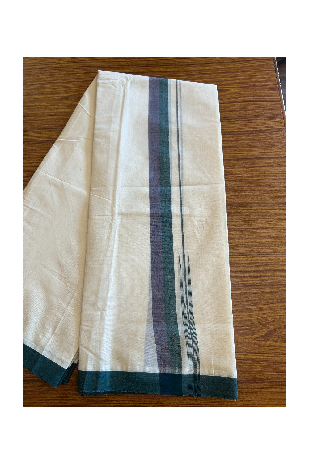 5% Discount!!! KaithariKada Balaramapuram  Double Off white - (Unbleached) Mundu/Dhoti - 80X90 - 1.75 inch Green & Violet puliyilakkara striped chutty - 1KK5077KAI