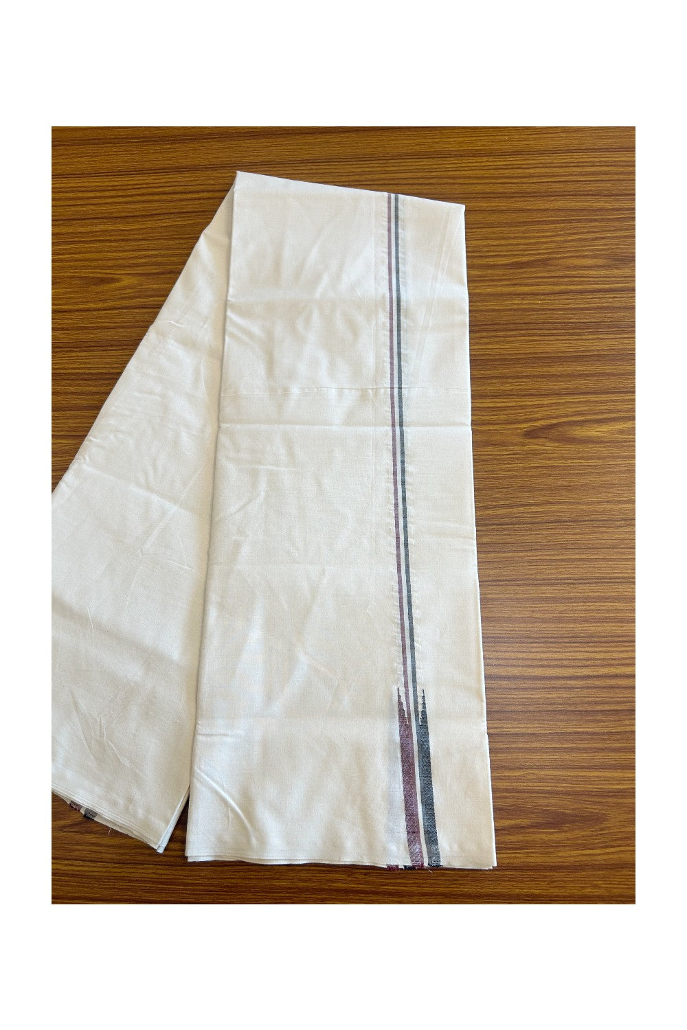 ADMK VESHTI 31% DISCOUNT ! KaithariKada Balaramapuram 100% COTTON SINGLE OFF WHITE (Unbleached) Mundu/Dhoti-100X100- 0.75 inch Puliyilakkara Maroon & Black Chutty Kara (2 metre / 4 muzham) - 1KK5087ASH