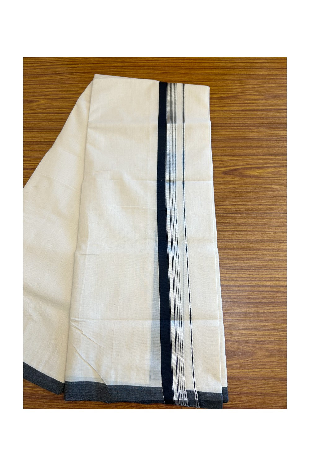 25% Discount! KaithariKada HANDLOOM UNAKKUPAAV Balaramapuram - 100% Cotton Double OFF White (Unbleached) - Mundu/Dhoti - 100x100 2.25 inch BLACK & Silver kasavu side Stripes Kara - 1KK5096YAR