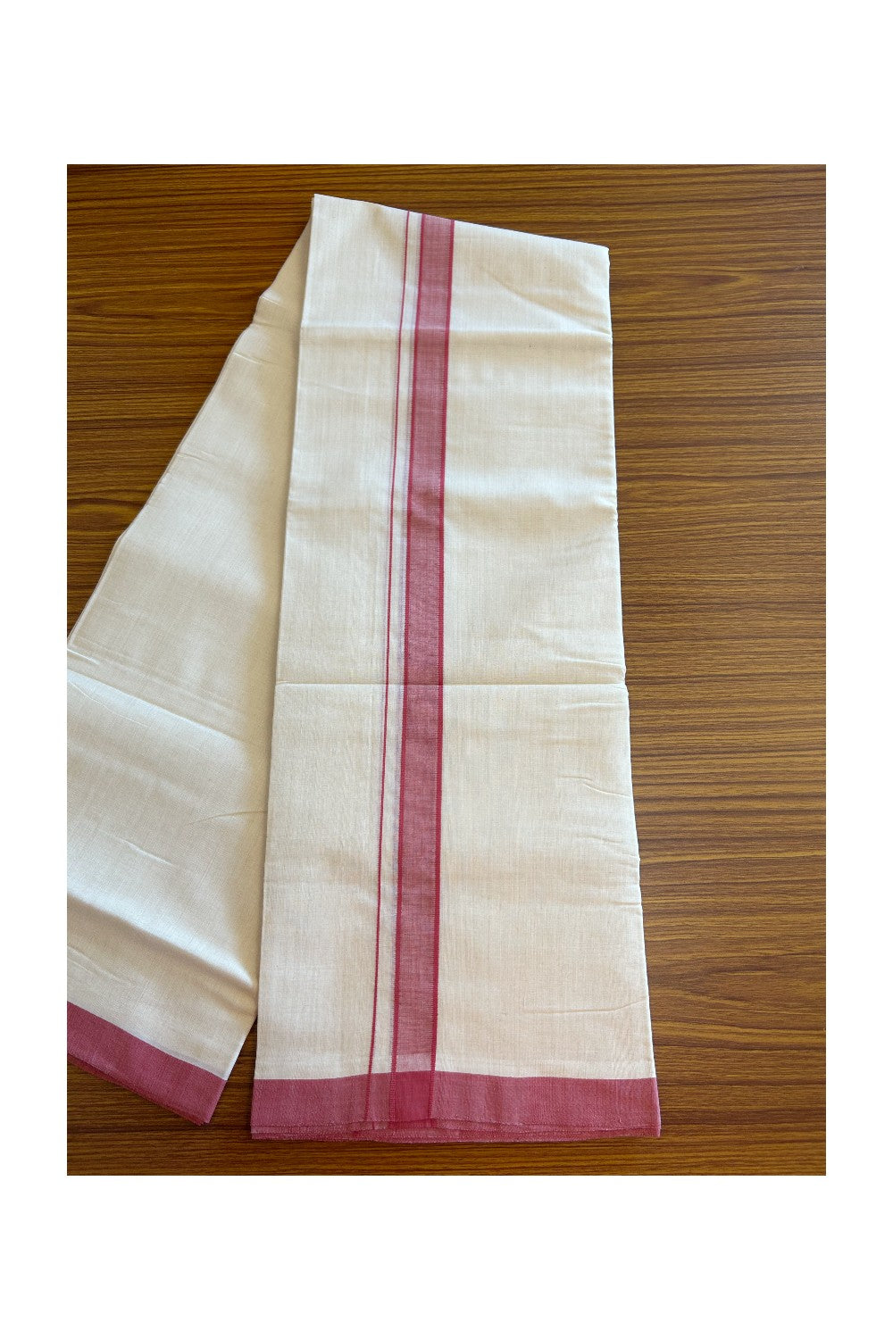 25% DISCOUNT!! KaithariKada BALARAMAPURAM HANDLOOM Unakkupaav- 100% PURE Cotton 100x100 Double Mundu/Dhoti OFF WHITE (Unbleached) - 1.5 inch Pink Kara - 1KK5099ELA