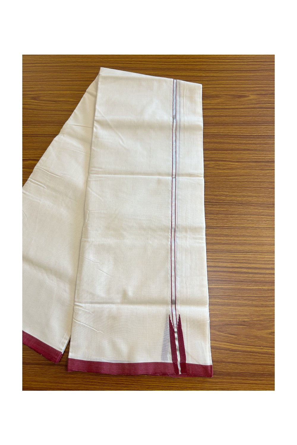 30% DISCOUNT!! KaithariKada BALARAMAPURAM HANDLOOM Unakkupaav - 100% PURE Cotton 100x100 Double Mundu/Dhoti OFF WHITE (Unbleached) - 0.75 inch PULIYILAKKARA Silver Kasavu & Maroon Chutty KARA - 1KK5105RAM