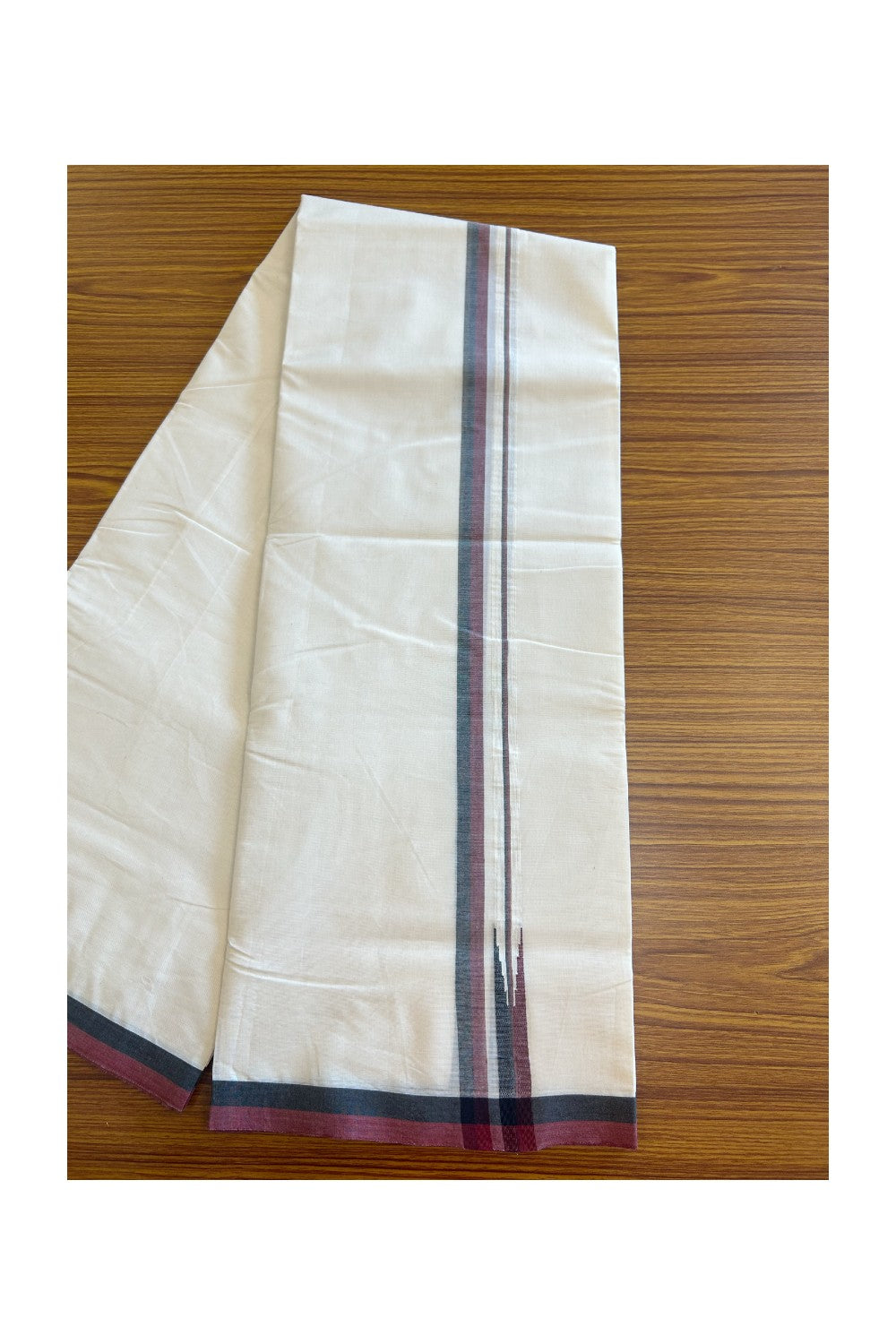 DMK Veshti - 23% Discount !! KaithariKada Balaramapuram Double Off white - (Unbleached) Mundu/Dhoti - 100X100 - 0.75 inch Puliyilakkara Maroon & Black Chutty Kara - 1KK5117ASH