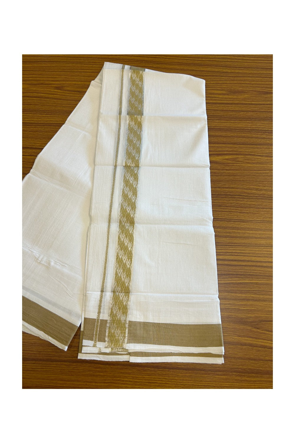 20% Discount! KaithariKada Balaramapuram 100% Cotton Double Pure white Mundu/Dhoti - 100x80 - 2 Inch Silver kasav Sand Brown jacquard pattern Kara - 1KK5118PMC