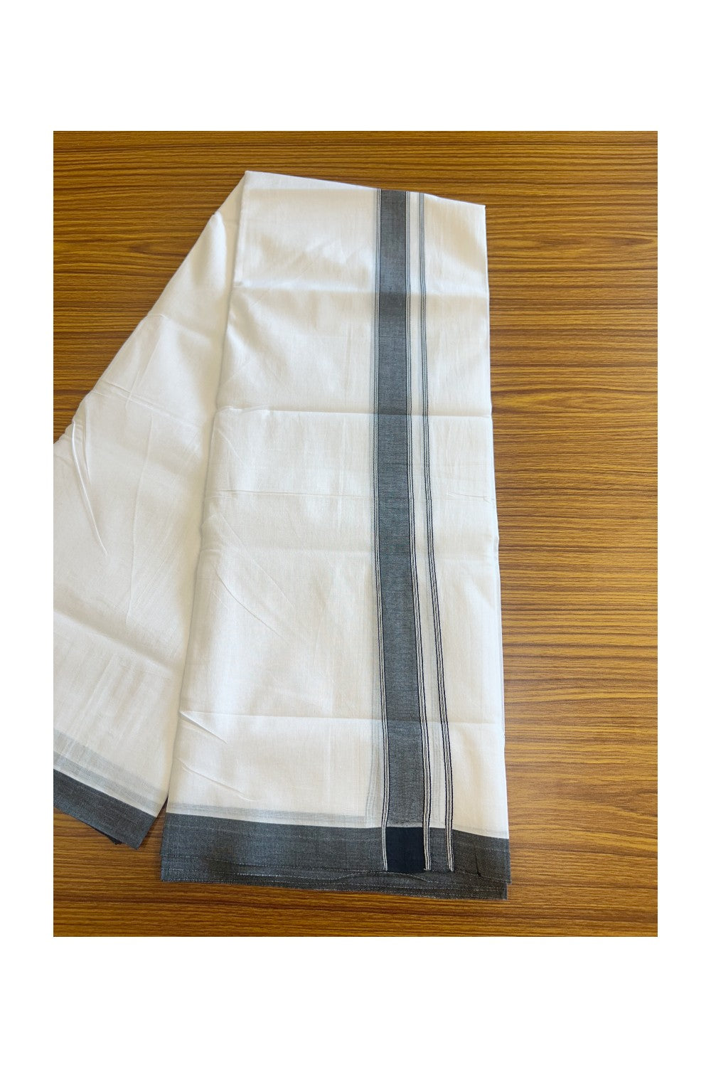 22% Discount ! KaithariKada Balaramapuram 100% Cotton Double PURE WHITE - Mundu/Dhoti- 100x100 - 1.75 inch ASH BLACK Side Stripes Kara.- 1KK5127ASH