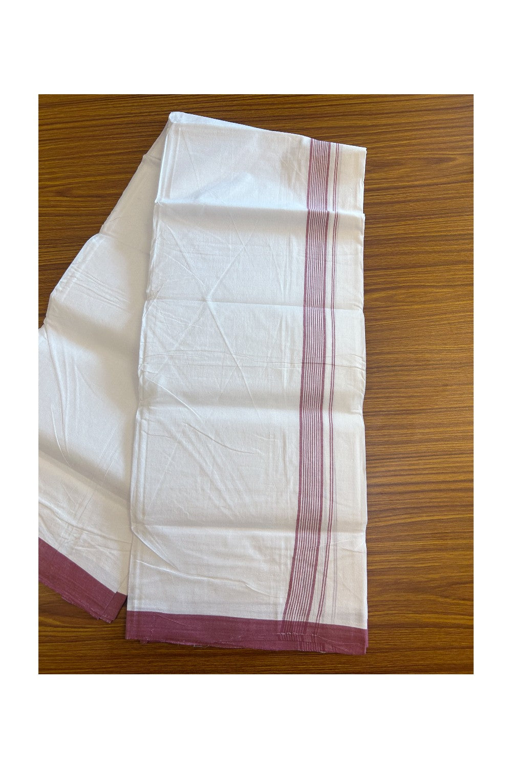 30% Discount!!! KaithariKada HANDLOOM UNAKKUPAAV Balaramapuram - 100% PURE Cotton PURE WHITE Double Mundu/Dhoti - 1 inch Dark Peach Striped Kara - 1KK5129YAR