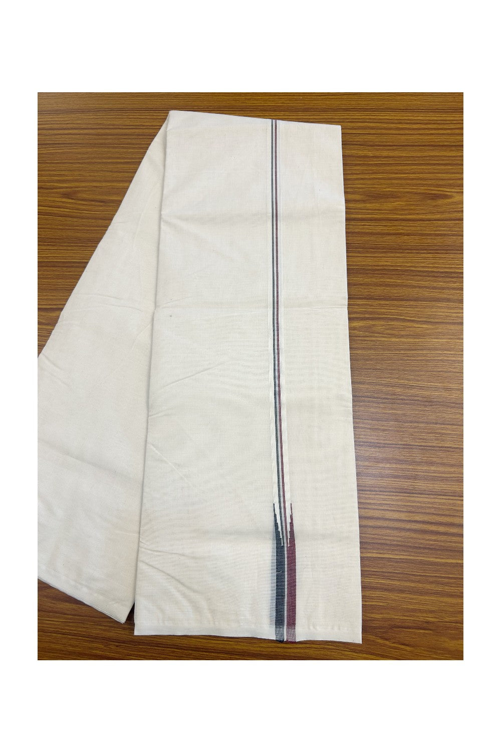 ADMK VESTHI 22% DISCOUNT ! KaithariKada Balaramapuram 100% COTTON DOUBLE OFF WHITE (Unbleached) Mundu/Dhoti-100X100- 0.75 Inch  Puliyilakkara Maroon & Black Chutty Kara - 1KK5140ASH