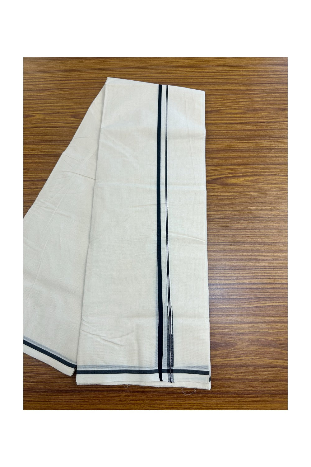 21% DISCOUNT !! KaithariKada Balaramapuram 100% Cotton Double Off white - (Unbleached) Mundu/Dhoti-100x100 0.25 inch  Puliyilakkara Black Chutty Kara - 1KK5145ASH