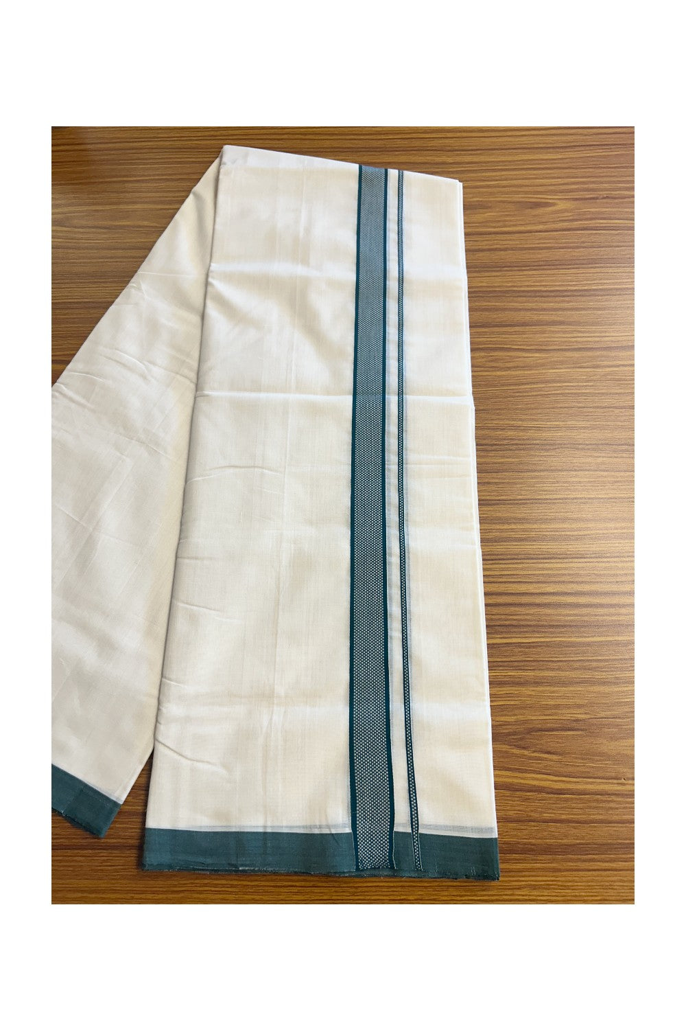 30% DISCOUNT!! KaithariKada BALARAMAPURAM HANDLOOM Unakkupaav- 100% PURE Cotton 100x100 Double Mundu/Dhoti OFF WHITE (Unbleached) - 1.25 inch Green Kara - 1KK5148RAV
