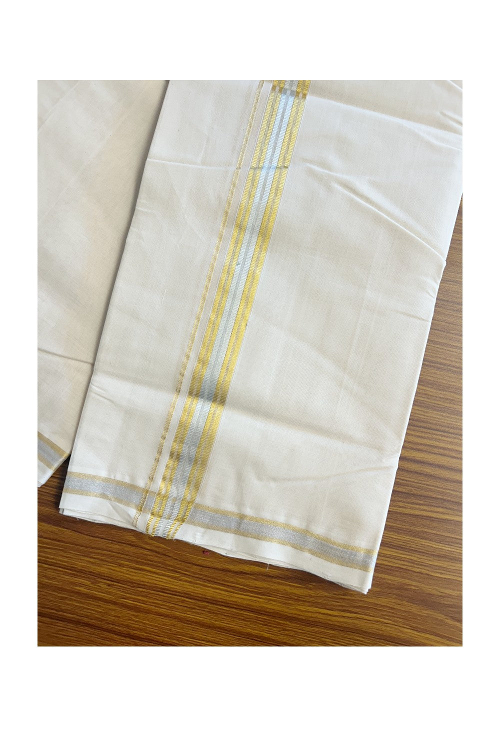 25% DISCOUNT ! KaithariKada HANDLOOM Millpaav Balaramapuram - 100% PURE Cotton Off White - (Unbleached) Double Mundu/Dhoti - 1.25 inch Gold Kasavu & Silver Kasavu Kara - 1KK5149RAM