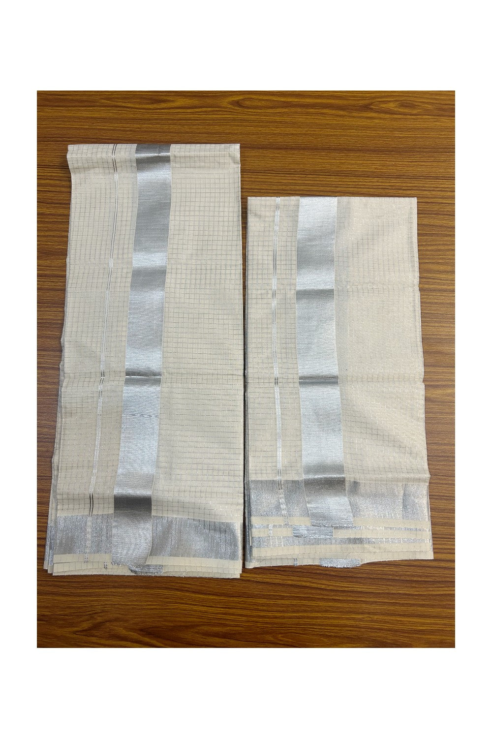 25% Discount!! KaithariKada - Kerala Pure Cotton OFF WHITE Single Set Mundu - EXTRA LENGTH - Check Silver Kasavu Big Kara - 1KK5152PMC