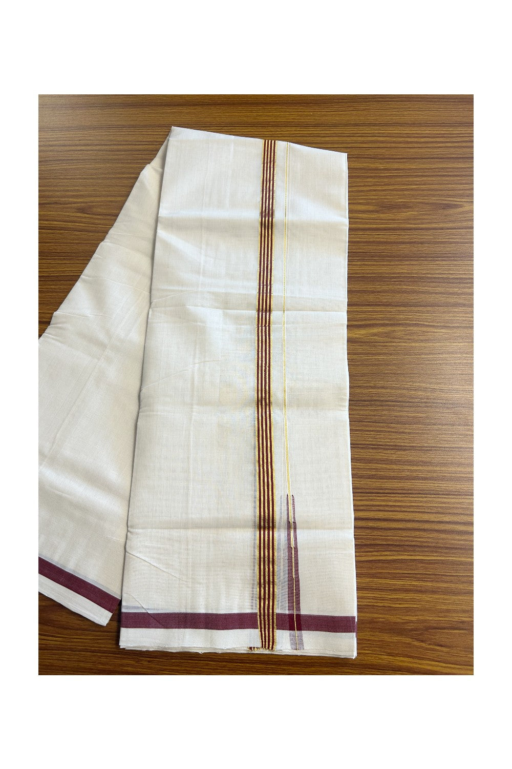 30% DISCOUNT!! KaithariKada HANDLOOM Millpaav Balaramapuram - 100% PURE Cotton OFF White Double- (Unbleached) Mundu/Dothi - 0.75 inch Puliyilakkara side stripes MAROON & Gold kasav chutty Kara - 1KK5156YAR