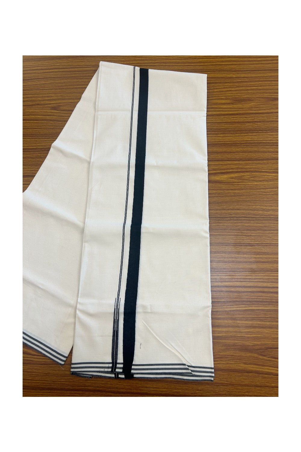 16% DISCOUNT ! KaithariKada Balaramapuram 100% COTTON SINGLE OFF WHITE (Unbleached) Mundu/Dhoti-100X100- 0.75 inch  Puliyilakkara Black Chutty Kara (2 meter / 4 muzham) - 1KK5159ASH